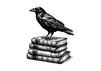 Fototapeta premium Vintage Raven Vector Illustration Hand Drawn Crow Bird Flying Perched Black And White Line Art Sketch For Gothic Halloween And Nature Graphic Design
