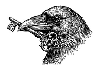 Fototapeta premium Vintage Raven Vector Illustration Hand Drawn Crow Bird Flying Perched Black And White Line Art Sketch For Gothic Halloween And Nature Graphic Design