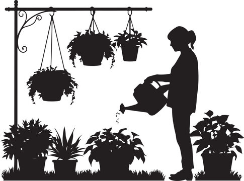 Silhouette of woman watering plants, hanging baskets
