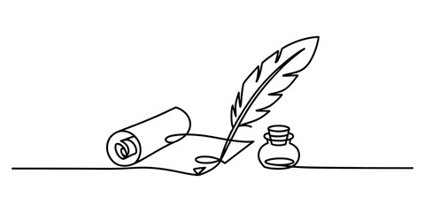 Continuous line drawing of a feather quill pen with scroll and ink pot © Graphics Art