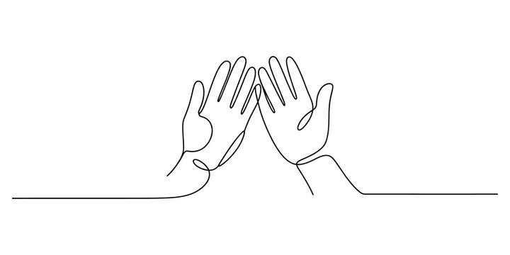 Two hands giving a high five in a continuous single line drawing style