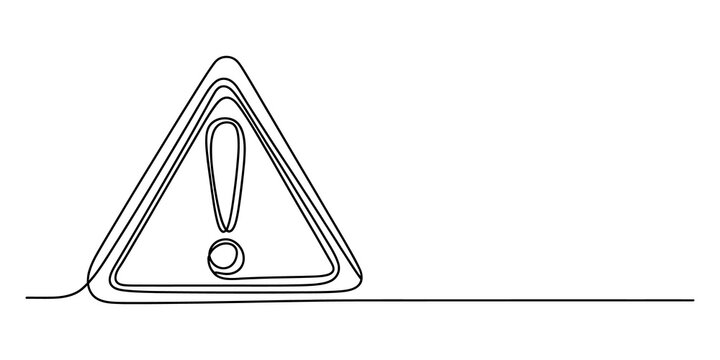 Warning sign with exclamation mark in continuous single line drawing