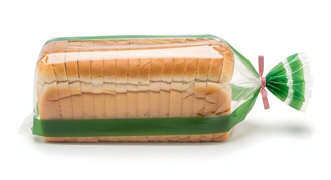 Loaf of sliced white bread in plastic wrap