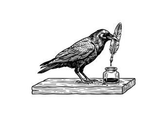 Fototapeta premium Vintage Raven Vector Illustration Hand Drawn Crow Bird Flying Perched Black And White Line Art Sketch For Gothic Halloween And Nature Graphic Design