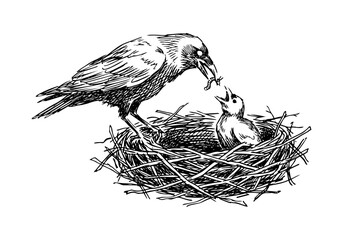 Fototapeta premium Vintage Raven Vector Illustration Hand Drawn Crow Bird Flying Perched Black And White Line Art Sketch For Gothic Halloween And Nature Graphic Design