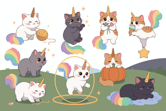 Set of cute magical cats with unicorn horns and rainbow tails are shown playing with yarn, eating ice cream, and jumping through hoops.