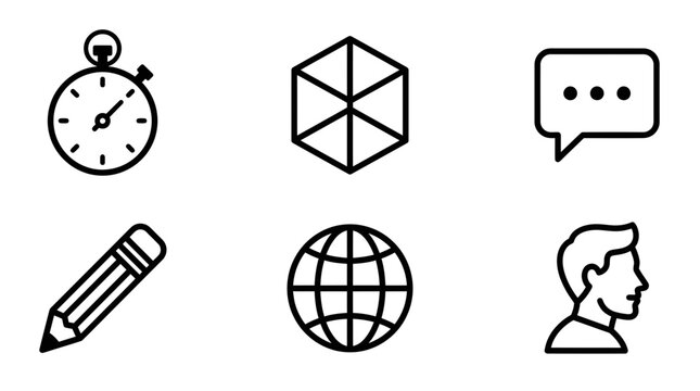 A graphic illustration of a person with a stopwatch, chat bubble, globe, pencil, and cube on a white background.
