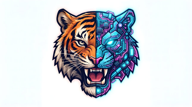 Pixel art tiger head with split color effect