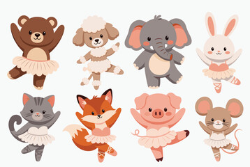Fototapeta premium Charming set of cute animals like a bear, bunny, and fox are dressed in pink ballet tutus and dance in various graceful poses.