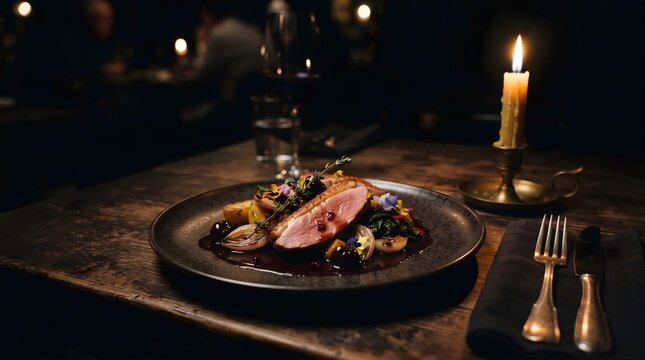 Gourmet dish illuminated by cand&hellip;