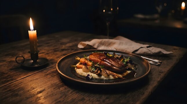 Gourmet dish illuminated by cand&hellip;