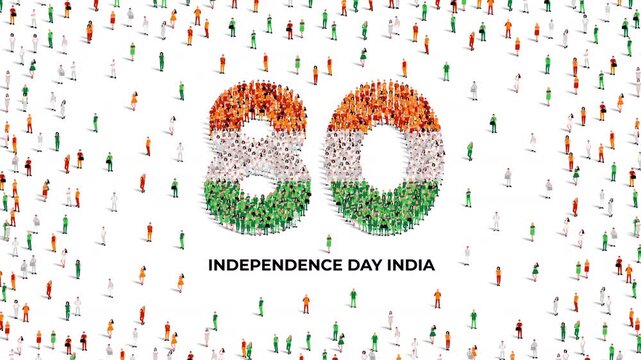 August 15 Happy Independence Day India Design. A large group of people form to create the number 80 as India celebrates its 80th National Day on the 15th of August. 4K video animation.