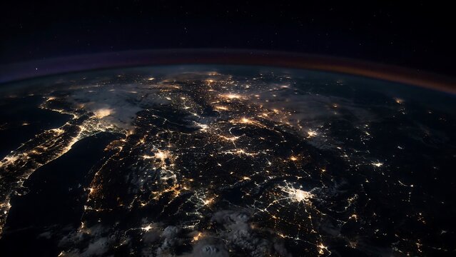 Satellite view of earth at night showing glowing city lights and dark continental landmasses