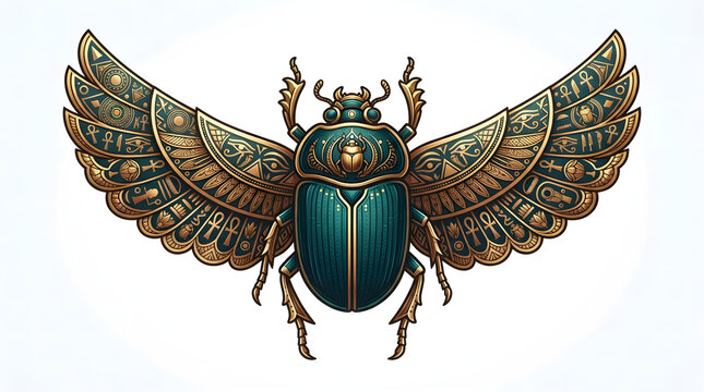 Golden scarab beetle with spread wings