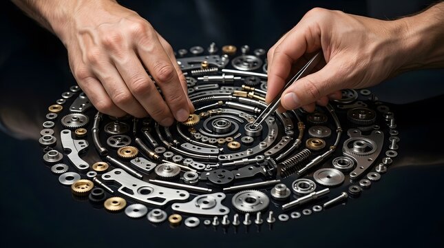 Precision watchmaker hands assembling intricate mechanical watch parts in spiral pattern.