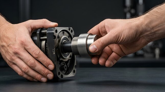 Technician assembling a mechanical industrial gear component.