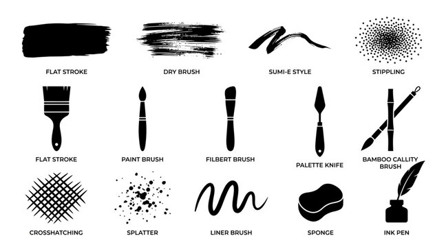 Brush stroke icons, paintbrush styles, drawing tools, vector graphics isolated on White Background flat vector eps silhouette