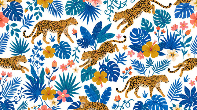 Seamless tropical pattern with leopards, exotic foliage, and vibrant blooms on a white background