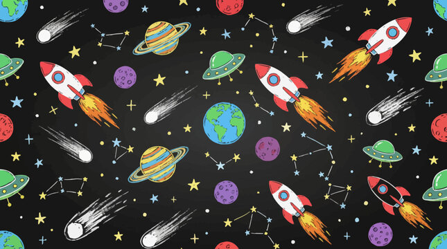 Cartoon space seamless pattern with rockets, planets and UFOs