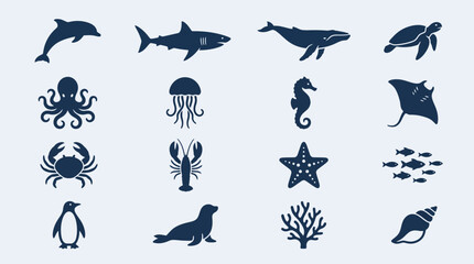 Fototapeta premium Set of marine animal illustrations and icons