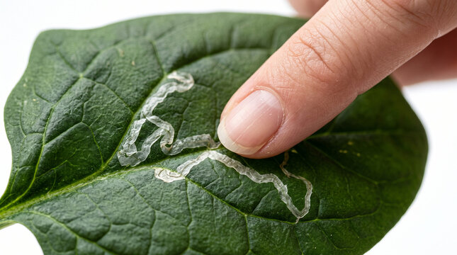 Finger pointing at pest damage and leaf miner trails on a green leaf