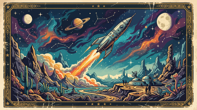 Vintage Retro Style Space Rocket Launching from Alien Planet Exploration Scene