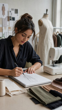 Young fashion designer sketches clothing designs at a studio desk with fabric swatches, sewing machine, and dress form in soft natural light.
