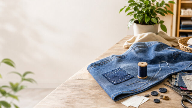 Close-up of blue denim fabric with needle, thread, buttons, scissors and fabric patches on a wooden table in a bright craft workspace.