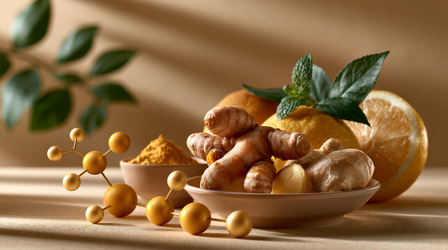 Fresh turmeric root turmeric powder ginger and citrus with curcumin molecular structures highlighting natural wellness and antioxidant nutrition