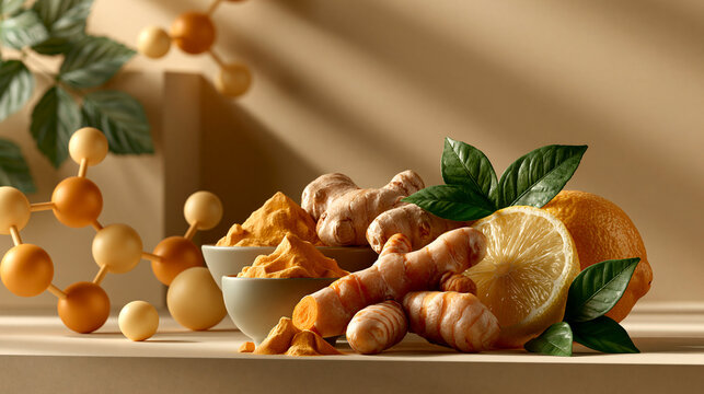 Fresh turmeric root turmeric powder ginger and citrus with curcumin molecular structures highlighting natural wellness and antioxidant nutrition