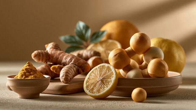 Fresh turmeric root turmeric powder ginger and citrus with curcumin molecular structures highlighting natural wellness and antioxidant nutrition