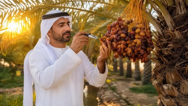 Arab Farmer Testing Quality and Sugar Content of Fresh Dates on Palm Tree