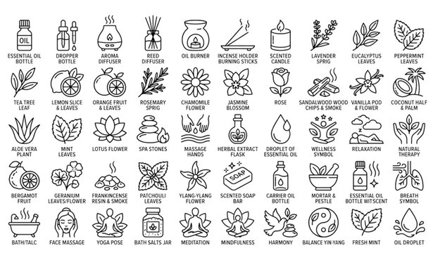 Essential Oils and Aromatherapy Line Icons Collection