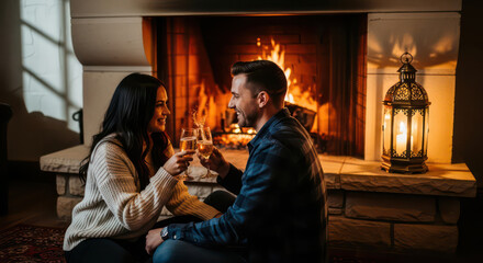 Obraz premium Couple Decorating Christmas Tree with Fireworks in Winter