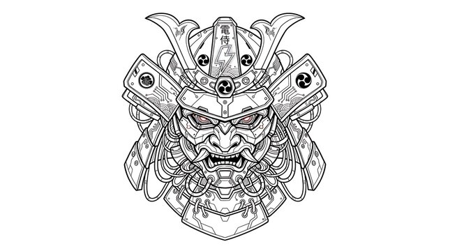 Samurai warrior helmet head in black and white