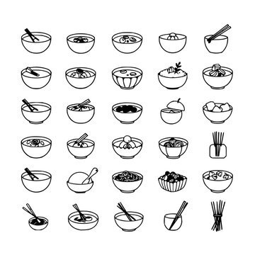 Asian dishes set with 24 simple black-and-white line drawings arranged in a 6x4 grid featuring sushi, dumplings, noodles, rice, soup with minimalist illustration and vector graphics