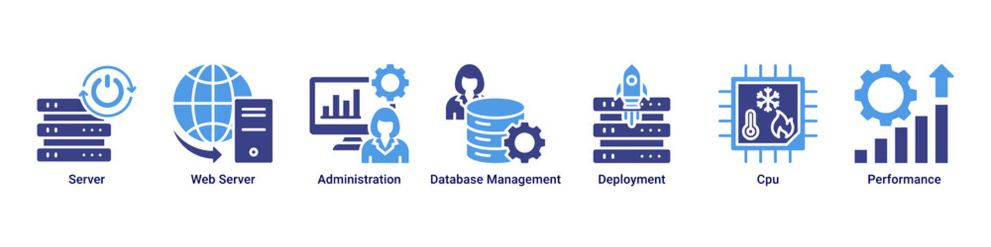 Server Management web banner icon vector illustration with icons of Server, Web Server, Administration, Database Management, Deployment, Cpu and Performance