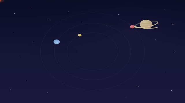 Minimalist space animation sequence 4K flat vector illustration of planets in orbit background