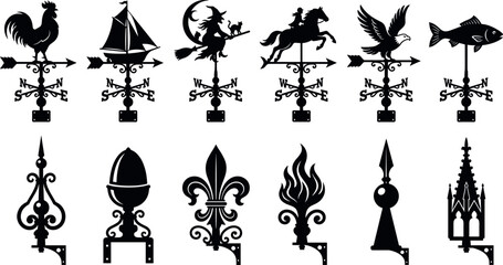 Vintage architectural roof finials and weathervanes collection featuring black silhouettes of roosters ships witches eagles horses fleur de lis symbols © MstAduri
