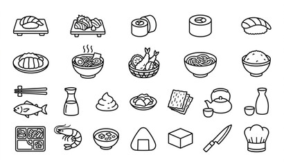 Japanese Food Thin Line Icon Set with Sushi Sashimi Ramen Tonkatsu and Traditional Cuisine © Munnat