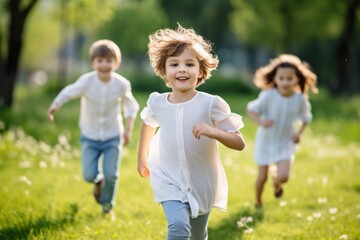 Fototapeta premium Happy children playing together friendship outdoors grass.