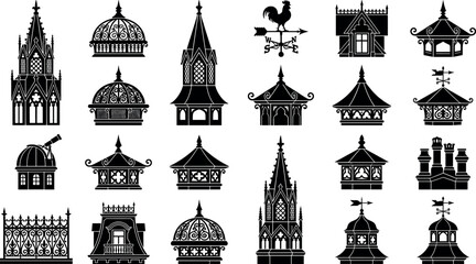 Vintage architectural roof elements collection featuring detailed black silhouettes of gothic spires cupolas gazebos chimneys and weather vanes © MstAduri
