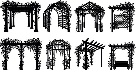 Garden pergola and arbor collection featuring black silhouettes of outdoor wooden gazebos pavilions with climbing grape vine plants © MstAduri