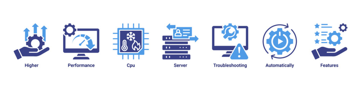 Performance System web banner icon vector illustration with icons of Higher, Performance, Cpu, Server, Troubleshooting, Automatically and Features