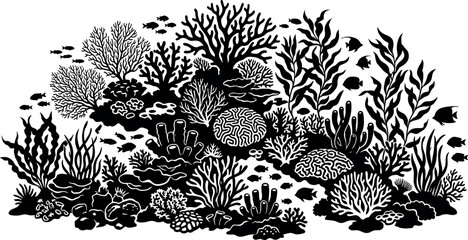 Undersea coral reef landscape illustration featuring detailed black silhouettes of marine plants tropical fish seaweed and aquatic nature elements © MstAduri