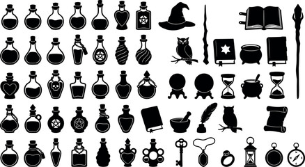 Witchcraft and wizardry icons bundle featuring black silhouettes of magic potion bottles cauldrons crystal balls and alchemy book vectors © MstAduri