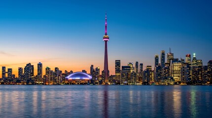 Naklejka premium The Toronto skyline at twilight with the CN Tower illuminated.