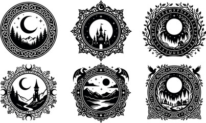 Fantasy landscape emblems bundle featuring black circular silhouettes of fairytale castles norse runes celestial moons and gothic forest borders © MstAduri
