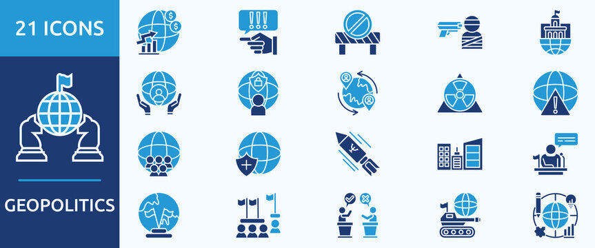 geopolitics
- Icon Collection. Thin glyph blue Set contains such Icons as diplomats, international system, foreign policy, strategies, international treaties, agreements, international and more. Simpl