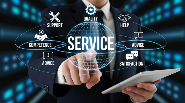 Businessman interacting with futuristic digital service interface with businessman touching holographic showing service icons global connectivity